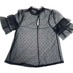 Leith Black High Neck Top L Sheer Mesh Polka Dot Ruffle Goth Victorian Romantic